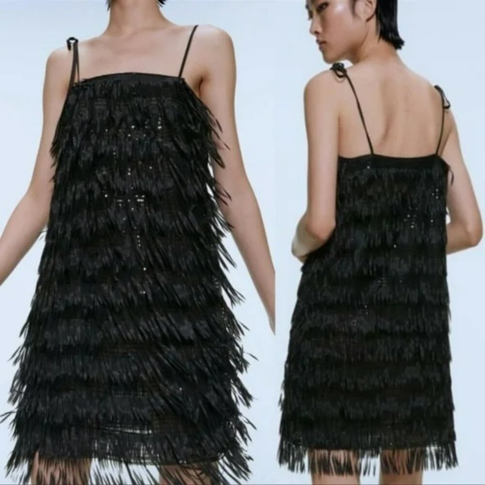 NWOT Zara Black Sequined Fringed Dress. SZ S - Picture 2 of 5